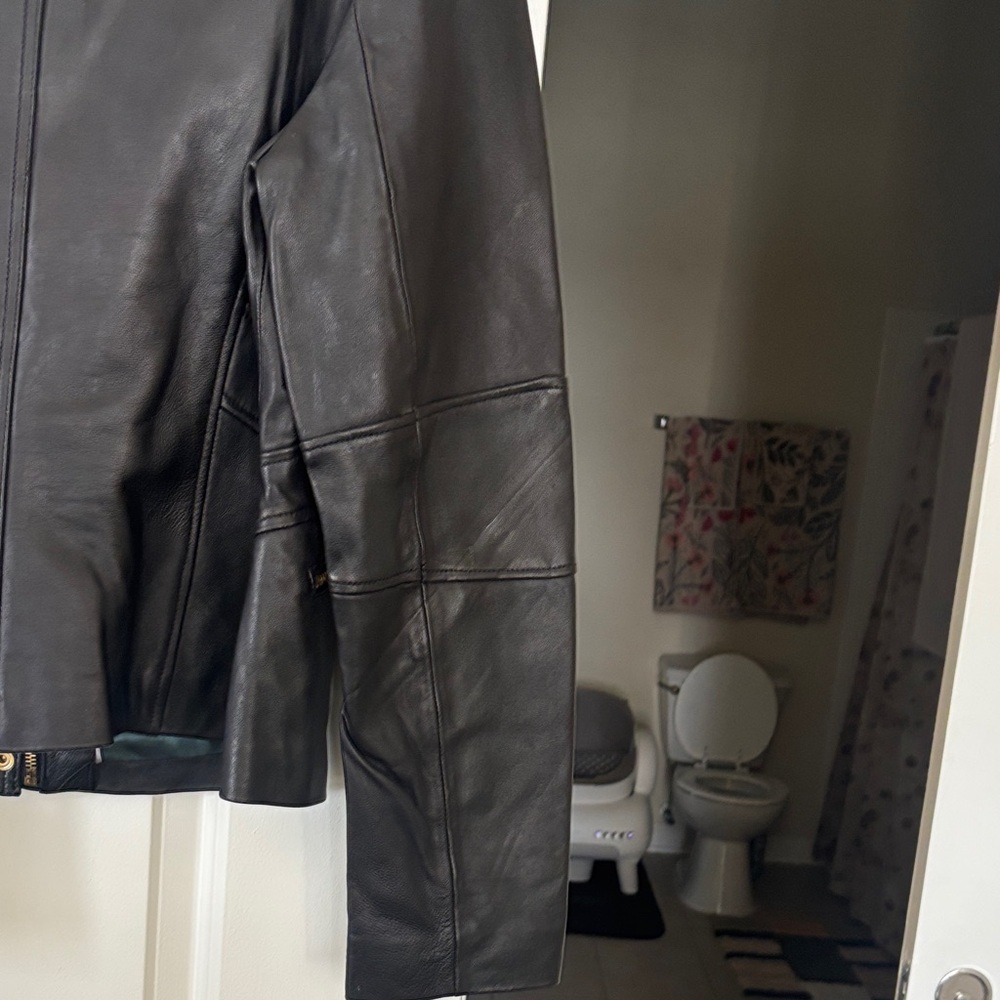 Elie Tahari Black Leather Jacket with Yellow Accents - Picture 4 of 6